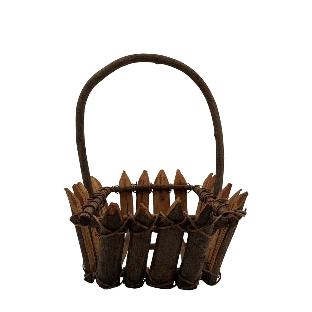 Vtg Rustic Twig Wood Basket Primitive Split Wood Handmade Farmhouse Gathering